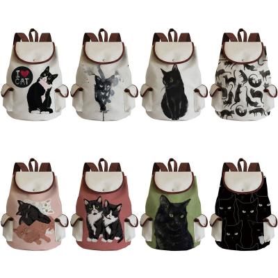 China Cute Anti-theft Large Capacity Black Canvas Drawstring Bag Teenage Girls Bookbag Cat Printed Backpack Women Casual With Custom Printed Logo for sale