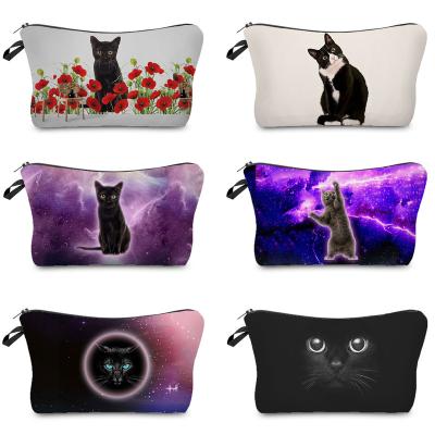 China Light Lightning Cat Makeup Bag Cool Animal Black Printed Women Cosmetic Foldable Storage Bag Portable Pencil Case Custom Pattern for sale