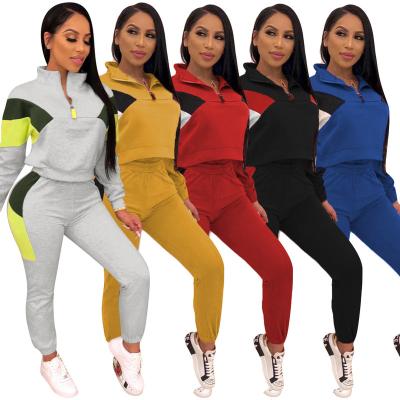 China Breathable Sexy Two Piece Lapel Zipper Set Casual Women Sport Gym Color Stitching Jogging Suits for sale