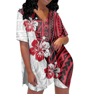 China Outlet QUICK DRY Polynesian Plant Hawaii Tattoo Hibiscus Tribal Print Sleepwear Set V-Neckline Plus Size Elegant Women Comfort Pajama Set for sale