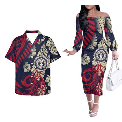 China Breathable Button Down Female Mens Shirts Off Shoulder Bodycon Dresses Custom Polynesian CNMI Tribal Logo Matching Couple Outfits Print 2022 for sale