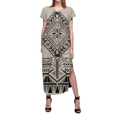 China Breathable Special Custom Tea Length Samoa Tapa Flower Tribal Print Polynesian Dress High V Neck Print Slit With Pockets Sexy Dress for sale