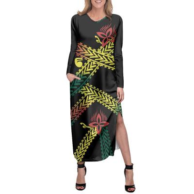 China Customized Anti-Static Customized Side Split Dress Polynesian Tribal Samoa Fijian Tapa Flower Print High Slit Dresses With Pocket V-Neck Dress for sale