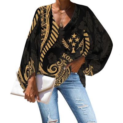 China Anti-pilling Customized Kosrae Polynesian Tribal Islands Shirts V-Neck Floral Print Women Blouse Long Sleeve Summer Casual Shirts for sale