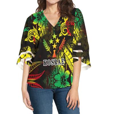 China Lady Blouse Polynesian Tribal Kosrae Newcomer Islands Breathable Blouse Floral Printed Half Sleeve Plus Size Chiffon V-Neckline Loose Blouse for sale