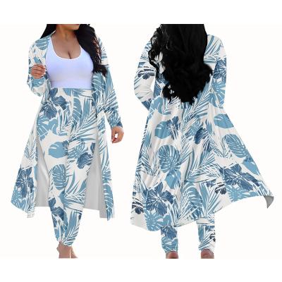 China Custom Plus Size Cardigan Long Sets 2022 New Women's Bohemian Boho 2 Piece Hawaiian Monster Leaves Print Coat Cardigans And Leggings Outfits for sale