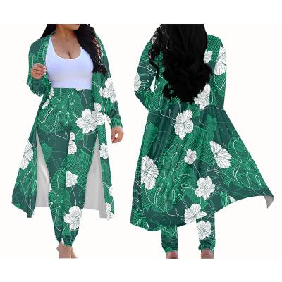 China Custom Plus Size Cardigan Women's Long Set 2 Piece 2022 New Bohemian Boho Traditional Hibiscus Printed Cardigans Coat And Leggings Outfits for sale