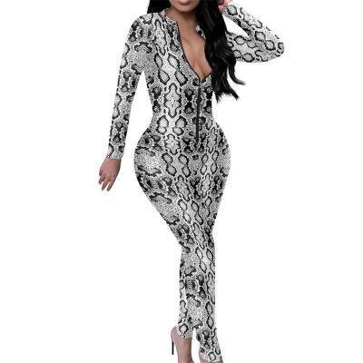 China QUICK DRY Custom Overalls For Women Snake Skin Scales Pattern V Neck Bodycon Clubwear 2022 V Neck Zipper Long Sleeve for sale