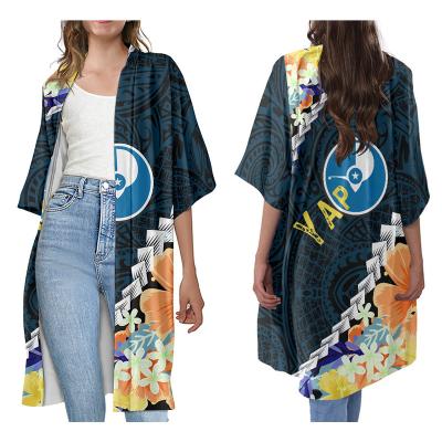 China Light Front Cardigan Polynesian Tribal Samoa Print Anti-Wrinkle Island Yap Print 3/4 Bell Open Coat Long Sleeve Kimono for sale