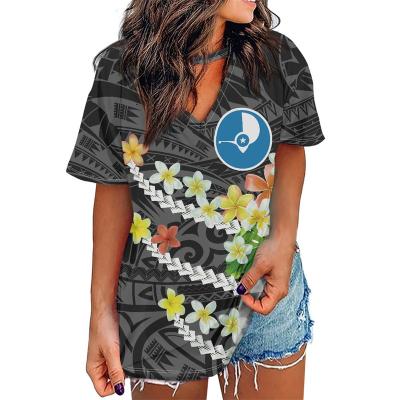 China Breathable Polynesian Tribal Summer Oversize Custom Made T-shirt Print Samoa Yap Islands Floral Print V-Neck Tunic Loose Casual Blouses for sale