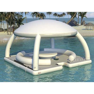 China Modern Whole sale Water Park inflatable island floating lounge Dock pontoon teak platform with Tent for Rental floating island inflat for sale