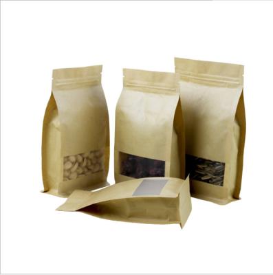 China Hot Sale Recyclable Stand Up Brown Kraft Paper Flat Bottom Bag With Window for sale