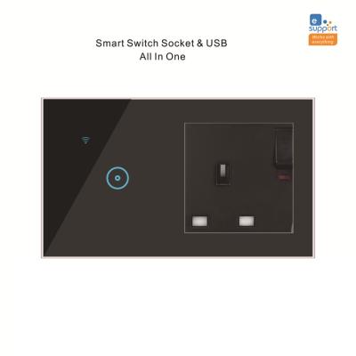 China British ABS+tempered glass Wifi wall light swich smart switches and socket alexa electric steckdose remote control sok plug in no neutral no capacitor for sale