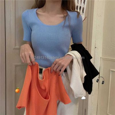 China Anti Shrink Women's Knitwear Pullovers Short Sleeve Computer Knitted Top Women's Sweater Casual Ladies Knit Top Fashion T-Shirt For Girls for sale