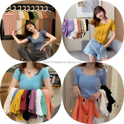 China Fashionable Women's Knitted Tops Anti-Shrinkage Women's Short Sleeve Pullovers Knit T-Shirts For Ladies for sale