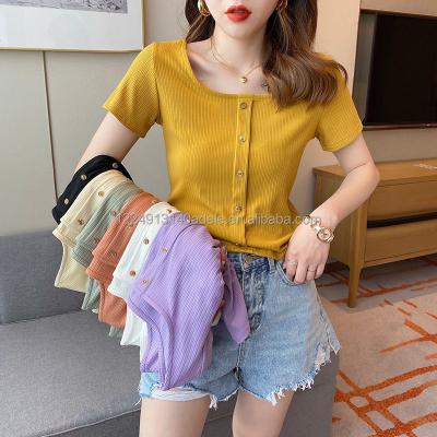 China Wholesale Anti-Shrink Women's Knitwear Short Sleeve Pullovers Knitted Top Women's Sweater Casual Ladies Knit Top Fashion T-Shirt For Girls for sale