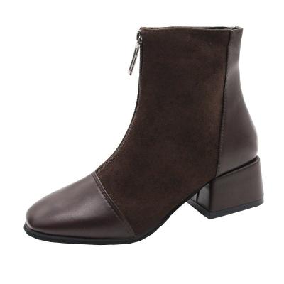 China Autumn And Winter Breathable Chunky Block Short Heels Place-toe Leather Ankle Stuck Suede Women's Boots for sale