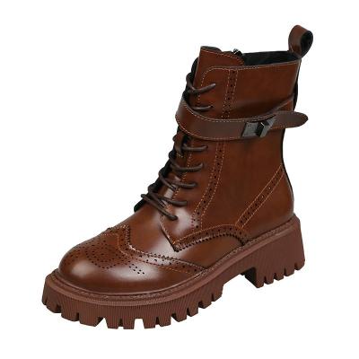 China Round Women's Autumn Winter Short Snow Boots Brown Leather Shoe Lace Up Motorcycle Boots for sale