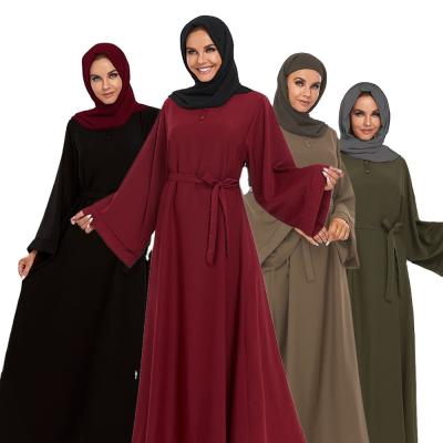 China Plus Size Polyester Muslim Women Dress Classic Solid Color Long Above Rised Pendulum Button Neckline Women Long Dress With Belt for sale