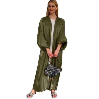 China Wholesale-Floral Summer Abaya Constraint Waist Puff Sleeve Cardigan Dubai Embroidered Open Elegant Open Lightweight Breathable Simple Maxi Dress for sale