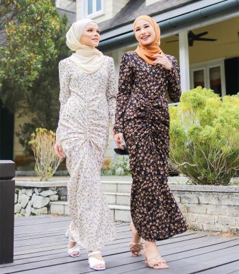 China Women's Anti-Wrinkle Fashion Waist Ankle Print Long Skirt Pleated Floral Long Sleeve Muslim Dress for sale