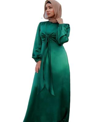 China Anti-Wrinkle Fashion Dubai Feminine Elegant Satin Long Dress With Belt And Bow Tie Two-wear Muslim Dress for sale