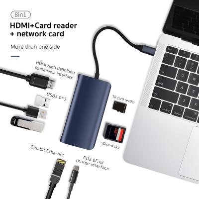 China USB C 8in1 4K HD USB 3.0*3 Aluminum COTEetCI Fast Charging+Data Transfer PD 3.0 SD TF Card Reader Gigabit Ethernet Port OEM for sale