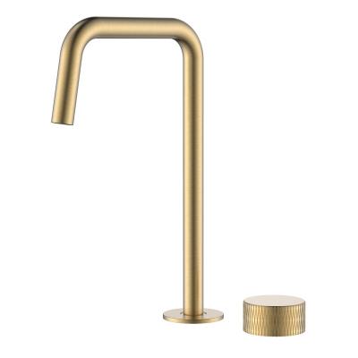 China Latest Design Deck Mount Water Tap Gold Mixer Tap Brushed Brass Metered Water Saving Bathroom Faucet for sale