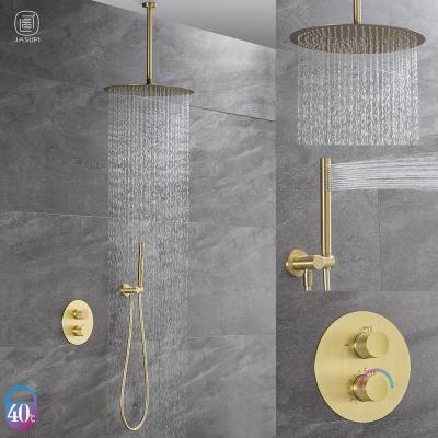 China Without Sliding Bar Hot Selling Brushed Gold Thermostatic Concealed Shower Faucet Bath Mixer Tap Wall Mounted for sale