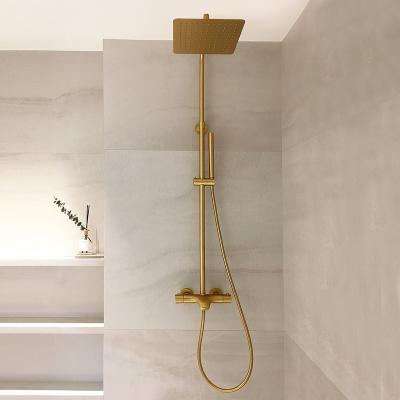 China With Sliding Bar Gold Rain Shower Bathroom 3 Function Shower Set System Luxury Brushed Brass Thermostatic Dusche for sale