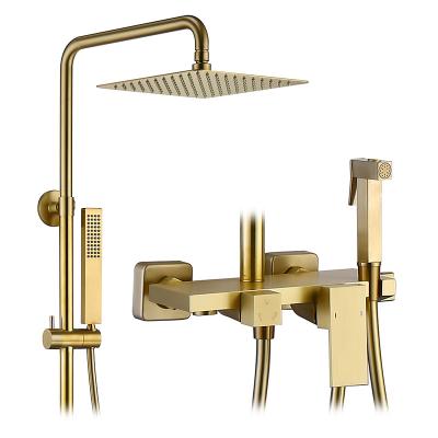 China With Column 4 Function Gold Luxury Shower Slide Bar Rainfall Shower Mixer System Bathroom Bath Shower Brass Faucet Set Brushed Gold for sale