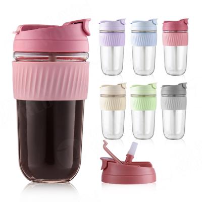 China Sustainable Custom Printed Colored Glass Silicone Travel Mugs White Sleeve Transparent Glass With Lid for sale