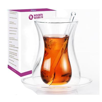 China RTS Clear Borosilicate Glass Double Wall Espresso Stored Glass Cup with Saucer and Mini Spoons 200ml, Unique Christmas Gift for sale