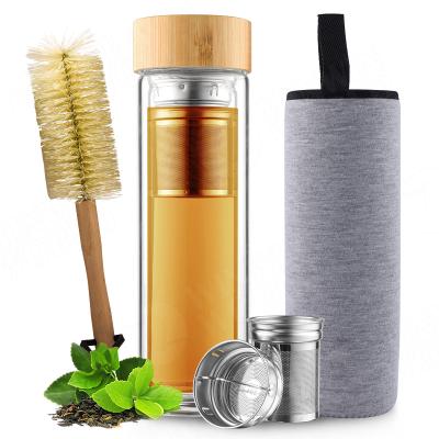 China Borosilicate Glass Water Bottle Tea Infuser Sustainable Wide Mouth Double Wall Drinking With Bamboo Lid, Bamboo Glass Tea Tumbler With Sleeve for sale