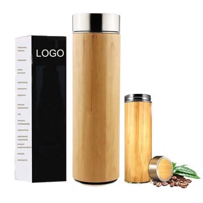 China Sustainable Bamboo Tea Tumbler With Tea Infuser 500ml, Double Wall Stainless Steel Tea Bottle Loose Leaf Tumbler With Bamboo Lid for sale