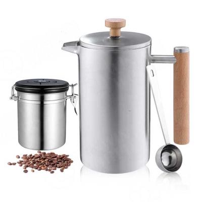 China WITH LID Stainless Steel Double Wall Insulated French Press Coffee Maker With Wooden Handle&Seal Stainless Steel Coffee Canister Vacuum for sale