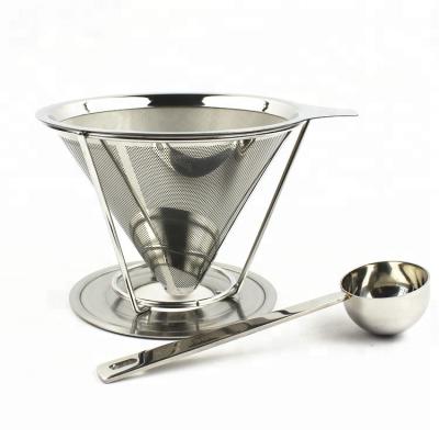 China Sustainable Paperless Reusable Stainless Steel Spill Over Coffee Filter Cone Coffee Spout With Removable Cup Stainless Steel Coffee Scoop for sale