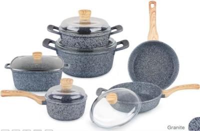 China Die casting stone marble coating cookware set with with wooden handle for sale