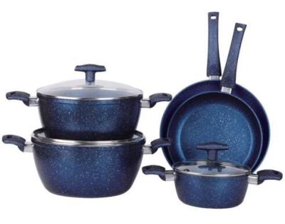 China 8PCS heat resistant nonstick blue marble inside and outside coating Aluminum cookware set with saucepot for sale