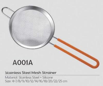 China Hot selling kitchen stainless steel mesh strainer with silicone ear and handle for sale