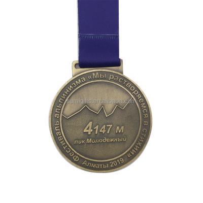 China Wholesale High Quality Antique Europe Gold Marathon Trophy Awarding Sports Metal Custom Medals With Blue Ribbon for sale