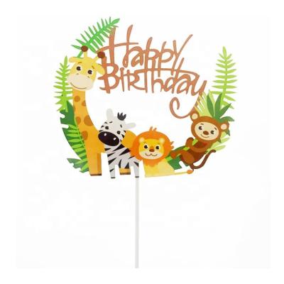 China Happy Birthday Paper Jungle Lion Monkey Giraffe Figure Cartoon Kids Animal Paper Cake Topper Decor Tools for sale