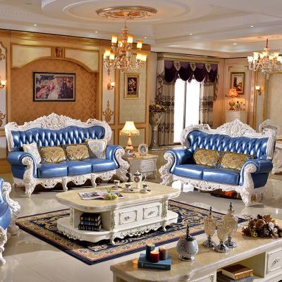 China Convertible French Style Classic Living Room Sofa Carved Hand Made Specific Use Buttoned Seat Wooden Blue Couch Set Antique Living Room Sofa for sale