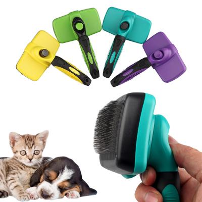 China POP DUCK Factory Viable Rake Dog Brush Throwing Dog Hair Brush Pet Grooming Comb with Self Cleaning Bottom for sale