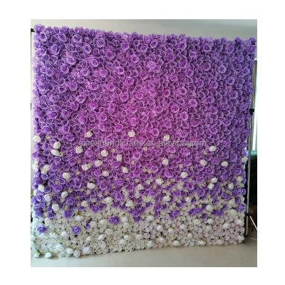 China Real Rose Wedding Decoration Purple Gradually Preserved Romantic Varied Colorful Silk Flower Wall Panel Artificial Flower Wall Backdrop for sale