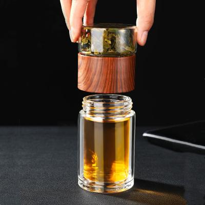 China Double Sustainable Glass Water Bottle With Tumbler Bamboo Drinkware Waterbottle Eco-Friendly Case Tea Drink Bottle Infuser for sale