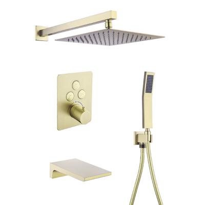 China Slide Barless Gold Bathroom Thermostatic Brushed Rainfall Shower Head System Shower Solid Brass Mixer Faucet With Waterfall Shower Tub Spout for sale