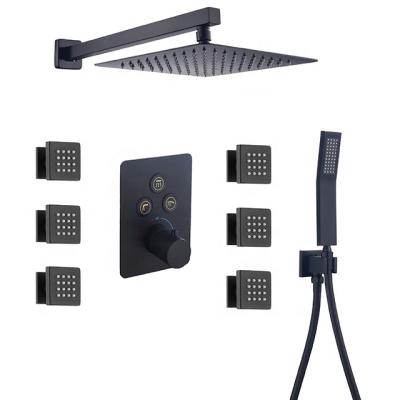 China Free Shower Faucet System Wall Mounted Shower Faucet System Slide Bar Black Temperature Combo Set With 6pcs Shower Body Spray for sale