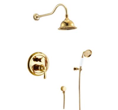 China European Style Brass Gold Slide Bar Bathroom Shower Faucet Full Set Without Rainfall Shower Fixtures Balance Kit Round Shower System With Valve for sale