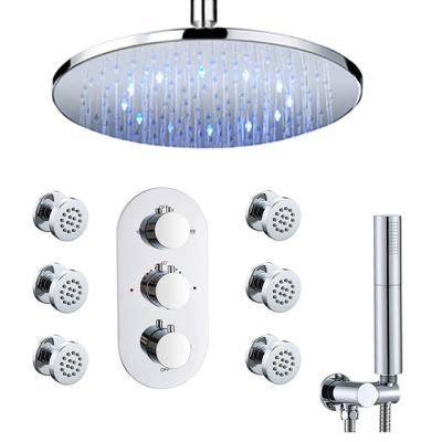 China Without Sliding Bar Hot Sale Concealed 3 Function Thermostatic Rain Showers Set LED Rain Shower Ceiling Mounted With Body Spray for sale